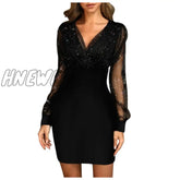 Hnewly Fashion Elegant Sexy Bag Hip Midi Dress Wonen Black Retro Gazue Sequins Long Sleeved Female